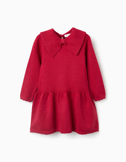 Knitted Dress with Bow Collar for Girls, Red