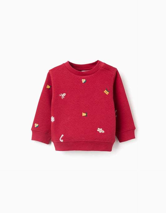 Brushed Sweatshirt with Christmas Embroidery for Baby Boys, Red