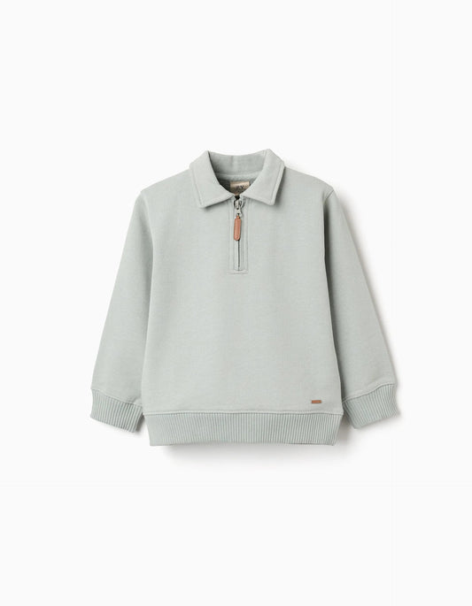 Brushed Sweatshirt with Polo Collar for Boys, Green