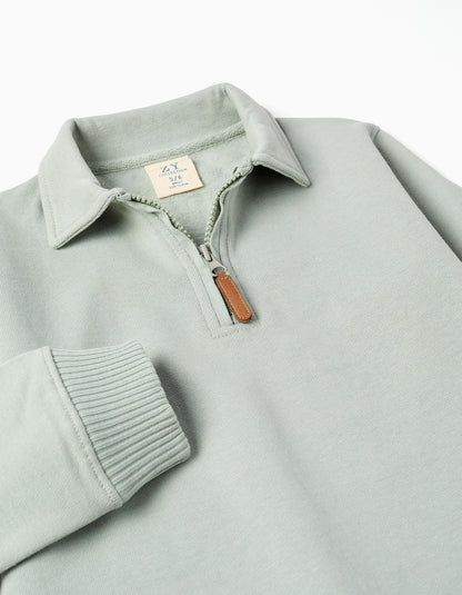 Brushed Sweatshirt with Polo Collar for Boys, Green