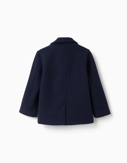 Wool Effect Coat with Cross Opening for Boys, Dark Blue