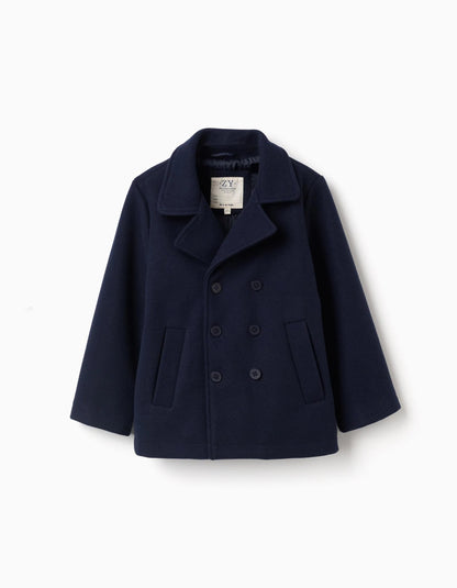 Wool Effect Coat with Cross Opening for Boys, Dark Blue