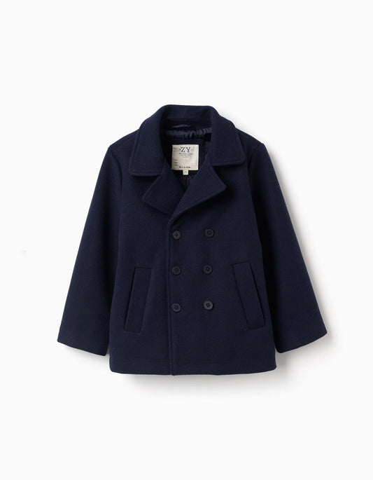 Wool Effect Coat with Cross Opening for Boys, Dark Blue