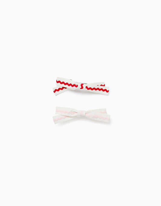 Pack of 2 Hair Slides with Greek Ribbons for Girls, White/Red/Pink