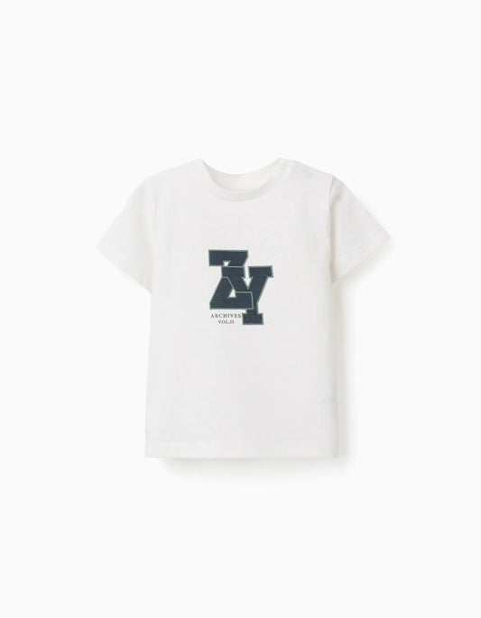 Cotton T-shirt 'ZY' for Baby Boys, White/Dark Blue/Green