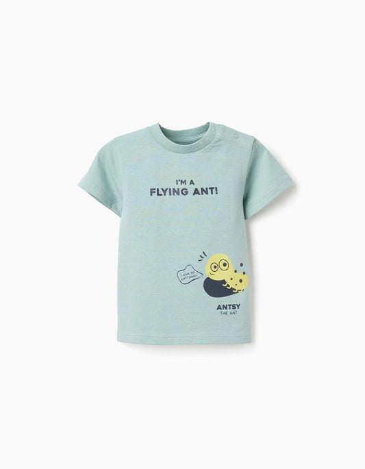 Cotton T-shirt with 'Antsy' Print for Baby Boys, Light Green