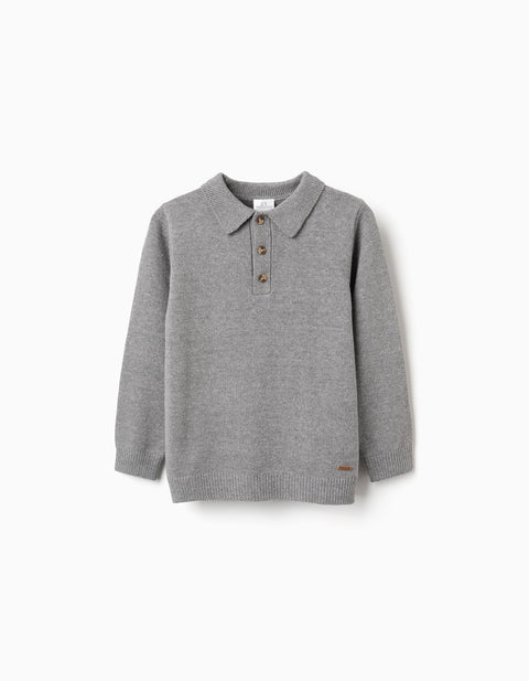 Knitted Jumper with Polo Collar B&S for Boys, Grey
