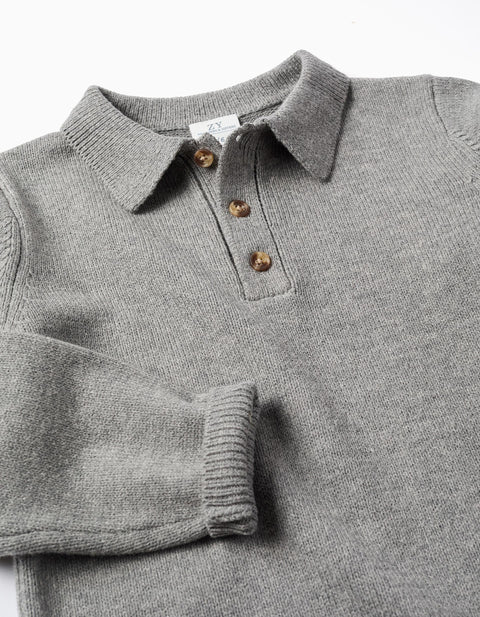 Knitted Jumper with Polo Collar B&S for Boys, Grey