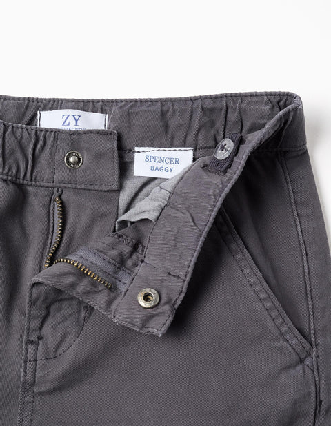 Baggy Twill Chino Trousers B&S for Boys, Dark Grey