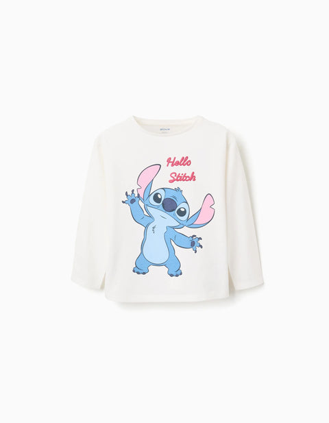 Long sleeve cotton T-shirt with Stitch and ruffles for girls, White