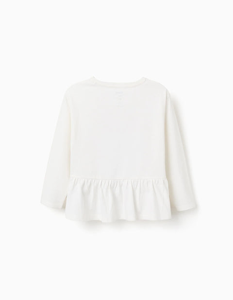 Long sleeve cotton T-shirt with Stitch and ruffles for girls, White