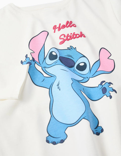 Long sleeve cotton T-shirt with Stitch and ruffles for girls, White