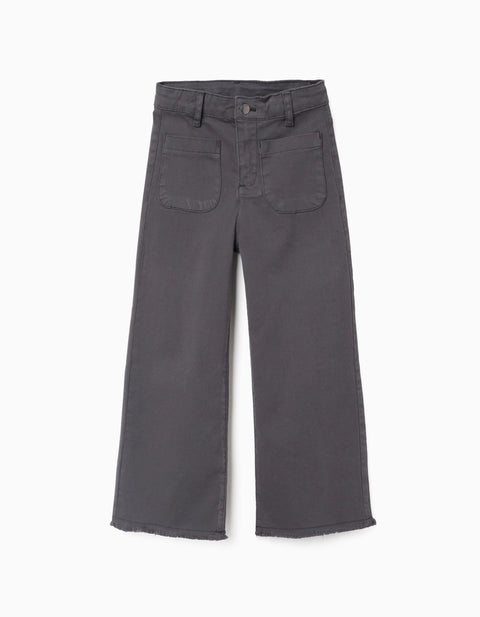 Wide Leg Twill Trousers with Patch Pockets B&S for Girls, Grey
