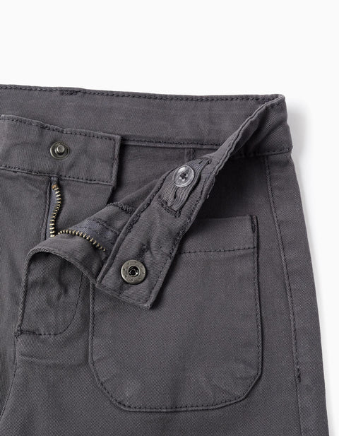 Wide Leg Twill Trousers with Patch Pockets B&S for Girls, Grey