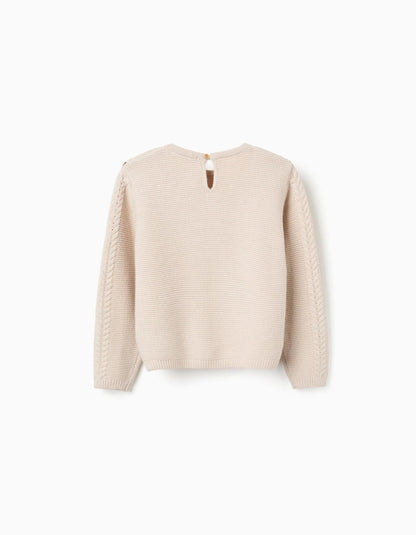 Knitted Jumper with Maxi Collar in Crochet B&S for Girls, Beige