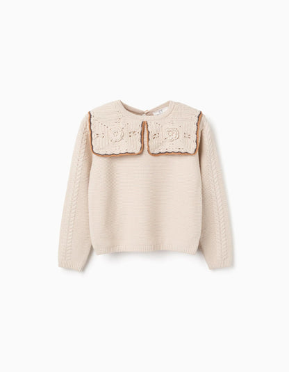 Knitted Jumper with Maxi Collar in Crochet B&S for Girls, Beige