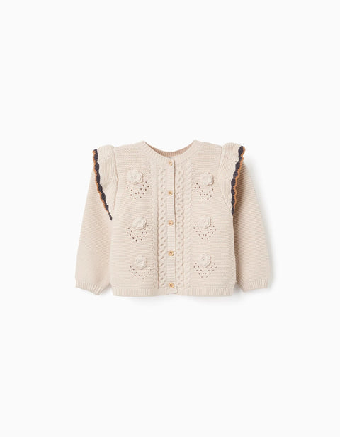 Knitted Jacket with Crochet and Ruffles B&S for Baby Girls, Beige