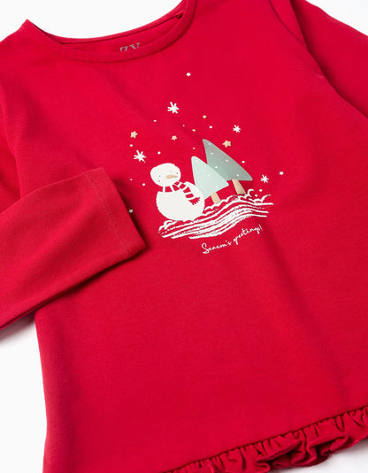 Long Sleeve T-shirt with Snowman Print and Ruffles for Girls, Red