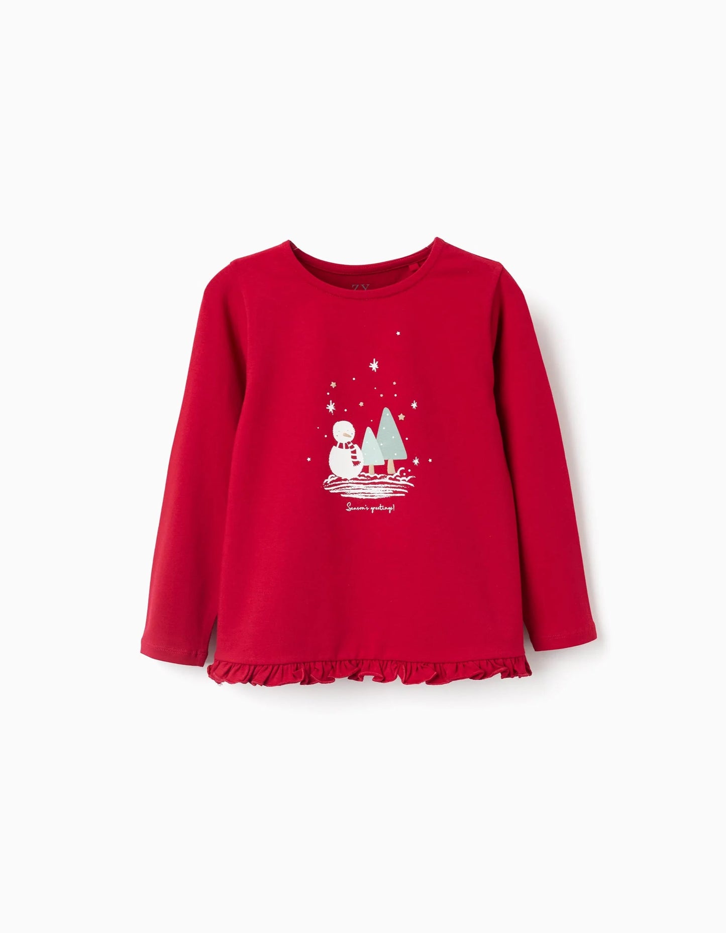 Long Sleeve T-shirt with Snowman Print and Ruffles for Girls, Red