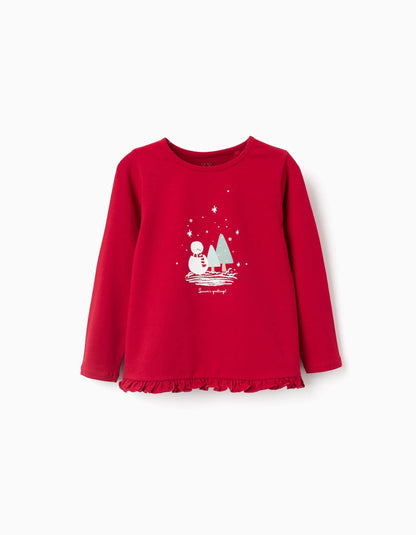 Long Sleeve T-shirt with Snowman Print and Ruffles for Girls, Red
