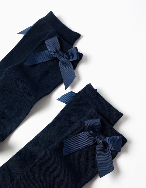 Pack of 2 Knee-High Socks with Bow for Girls, Dark Blue