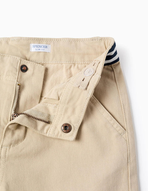 Slim fit twill chino trousers with striped tape for boys, light beige