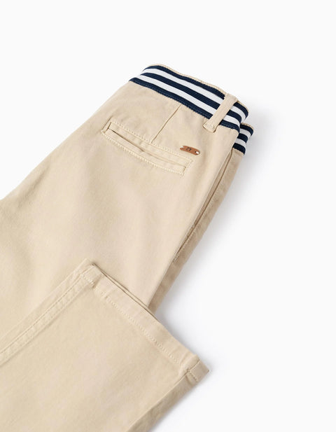 Slim fit twill chino trousers with striped tape for boys, light beige