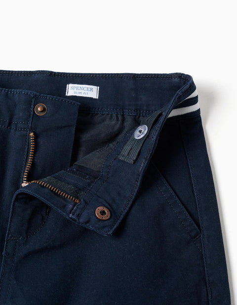 Slim fit twill chino trousers with striped tape for boys, dark blue