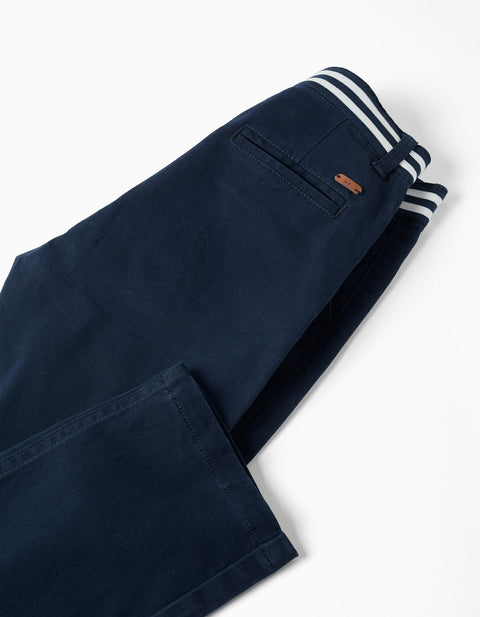 Slim fit twill chino trousers with striped tape for boys, dark blue