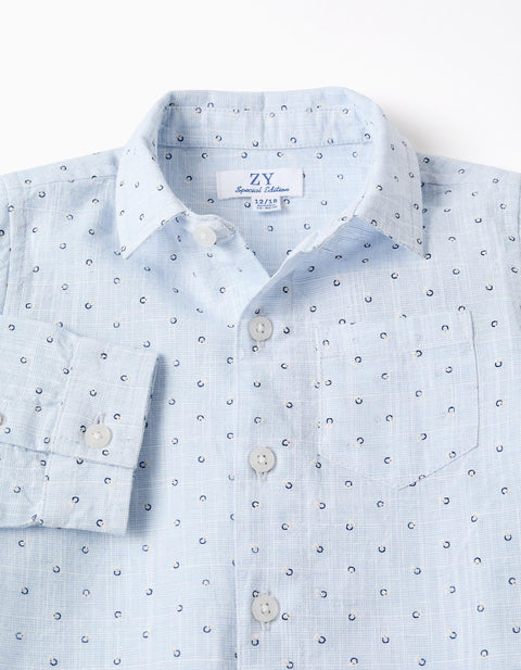 Cotton and Linen Shirt with Circle Pattern for Baby Boys, Light Blue