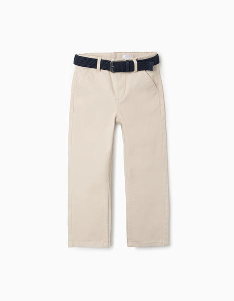 Slim Fit Twill Chino Trousers with Belt for Boys, Light Beige