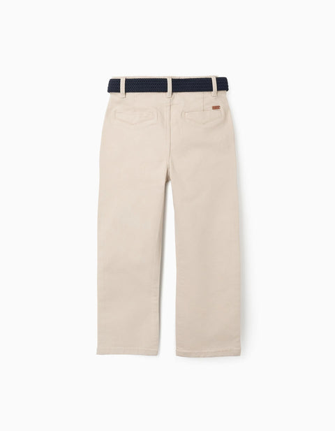 Slim Fit Twill Chino Trousers with Belt for Boys, Light Beige