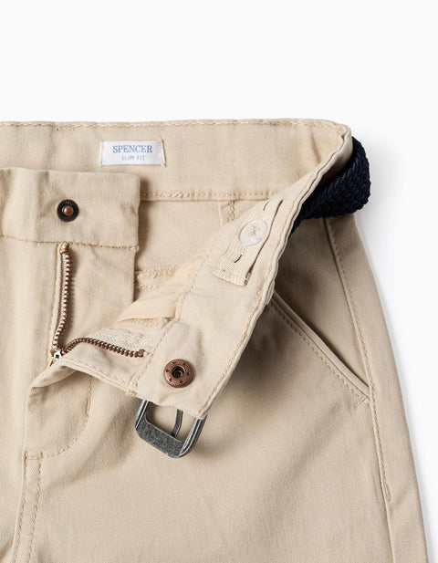 Slim Fit Twill Chino Trousers with Belt for Boys, Light Beige