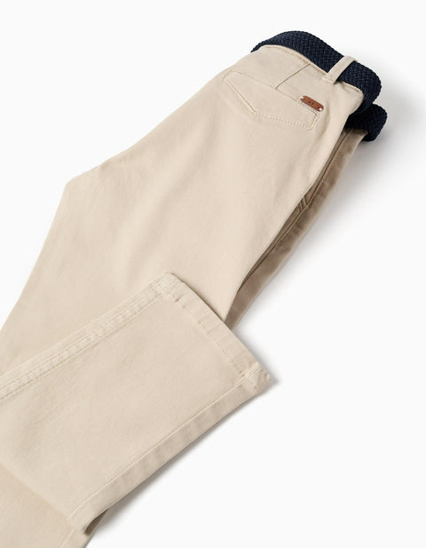 Slim Fit Twill Chino Trousers with Belt for Boys, Light Beige