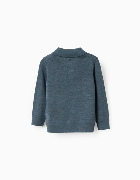 Knitted jumper with polo collar for baby boys, dark blue