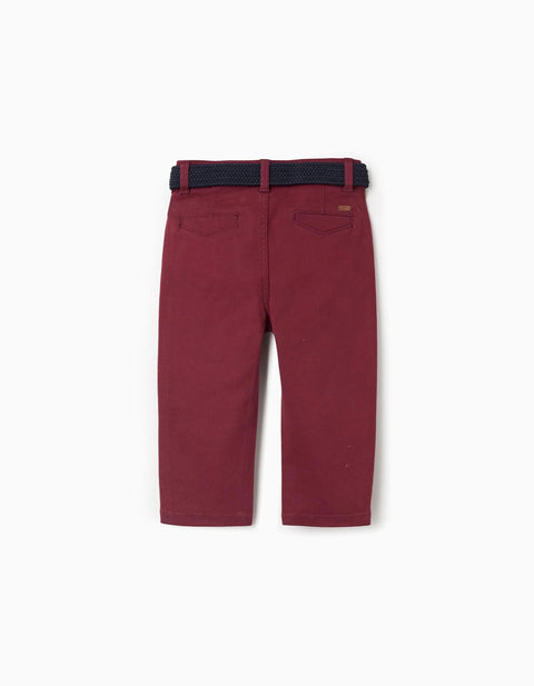 Slim fit twill chino trousers with belt for baby boys, dark red