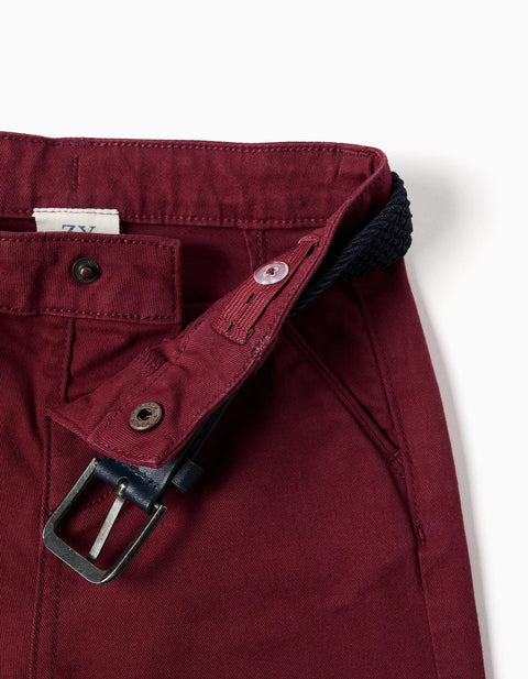 Slim fit twill chino trousers with belt for baby boys, dark red