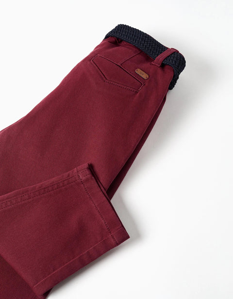 Slim fit twill chino trousers with belt for baby boys, dark red