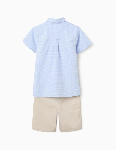 Cotton short sleeve shirt and shorts set for boys, light blue/beige