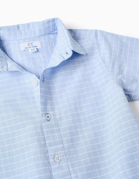Cotton short sleeve shirt and shorts set for boys, light blue/beige