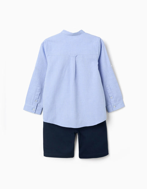 Cotton long sleeve striped shirt and shorts set for boys, blue