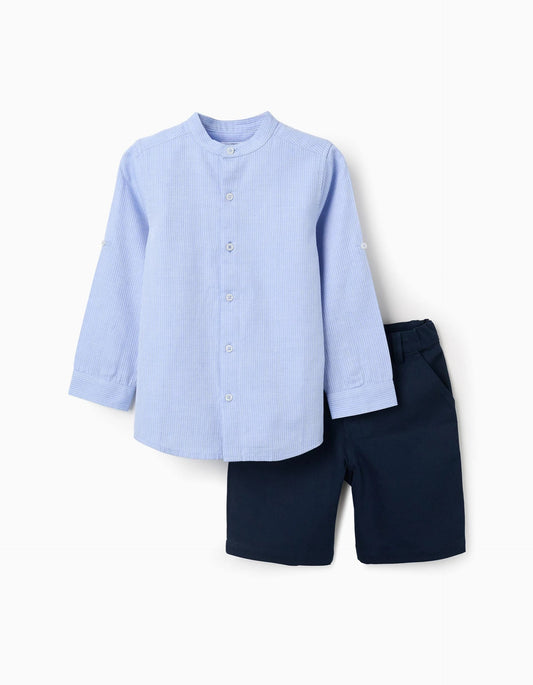 Cotton long sleeve striped shirt and shorts set for boys, blue