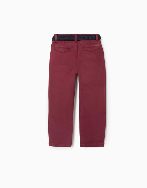 Slim fit twill chino trousers with belt for boys, dark red