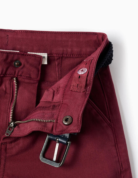 Slim fit twill chino trousers with belt for boys, dark red