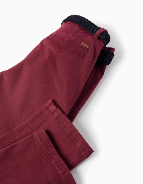 Slim fit twill chino trousers with belt for boys, dark red