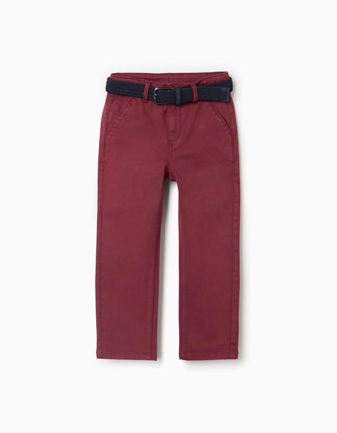 Slim fit twill chino trousers with belt for boys, dark red
