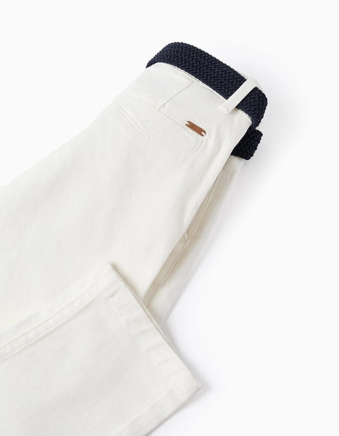 Slim fit twill chino trousers with belt for boys, White