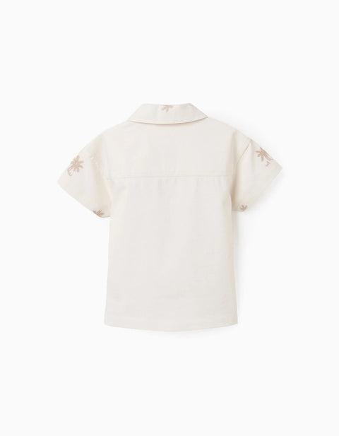 Cotton shirt with embroidered palm trees for baby boys, light beige