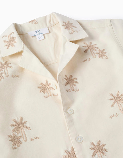 Cotton shirt with embroidered palm trees for baby boys, light beige