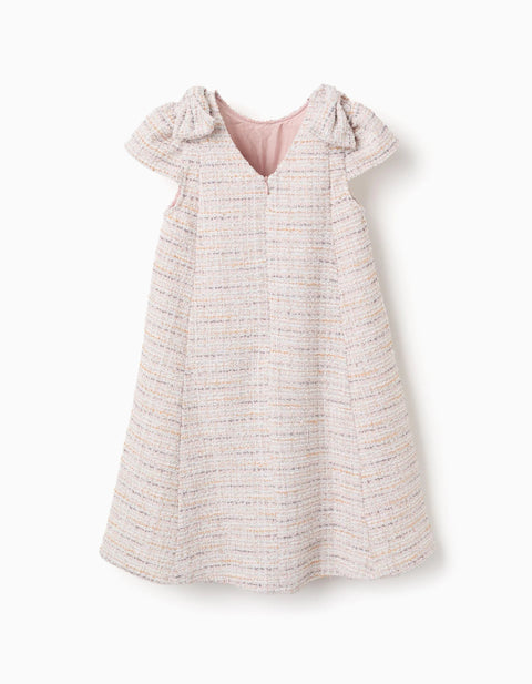 A-line tweed dress with decorative bows for girls, pink